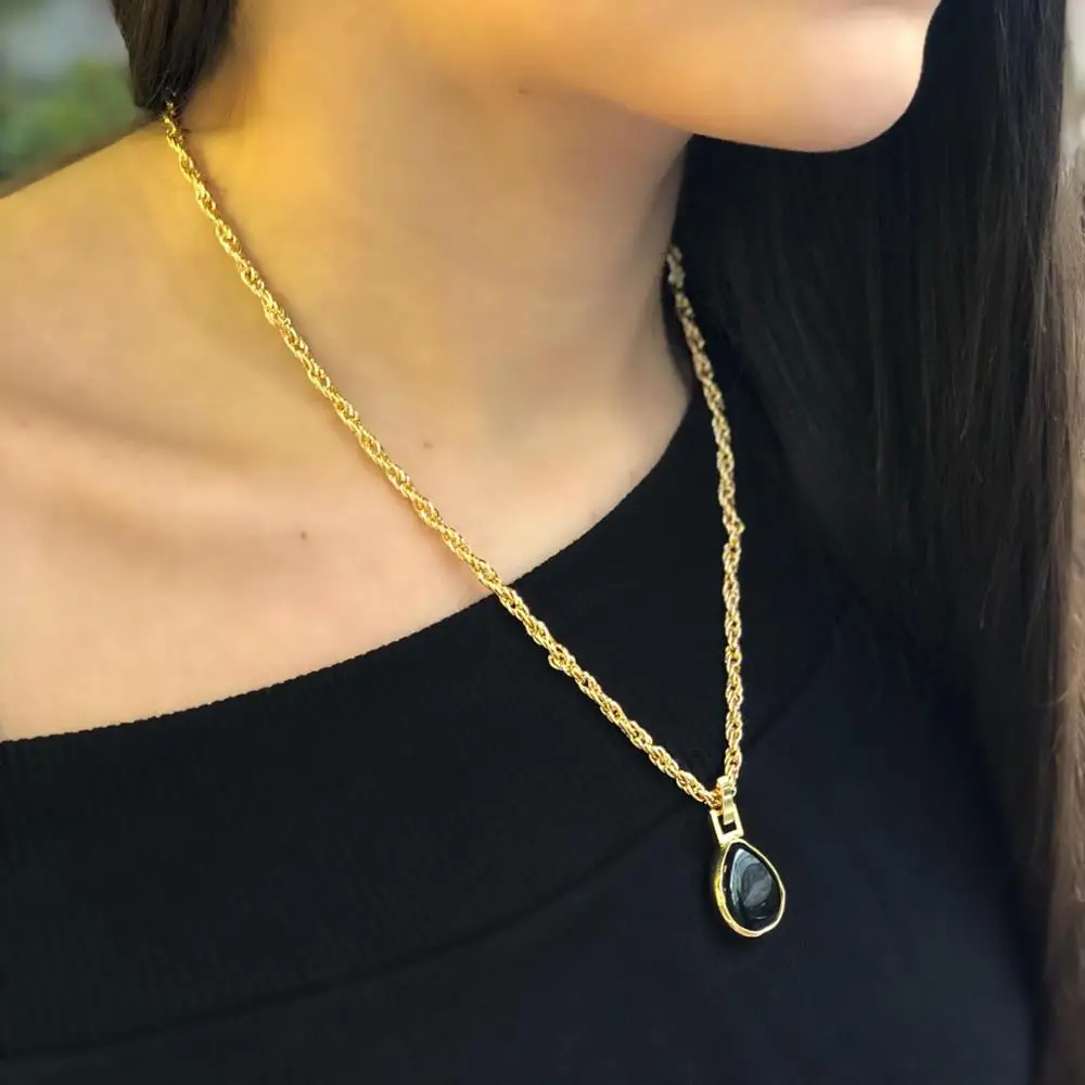 

GULCE DERELI, BLACK DROP NATURAL STONE NECKLACE, CHAIN NECKLACE, GIFT BOX, GOLD/SILVER PLATED