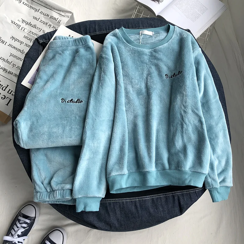 Obrix Fluffy Embroidery Female O-Neck Full Sleeve Loose Pullover Mid Elastic Waist Regular Pants Home Two PiecesSet |