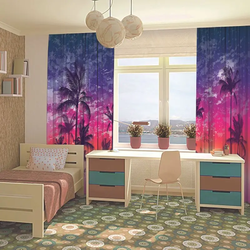 Занавеска экзотические тропические пальмы летающие чайки лошадь закат облачно с