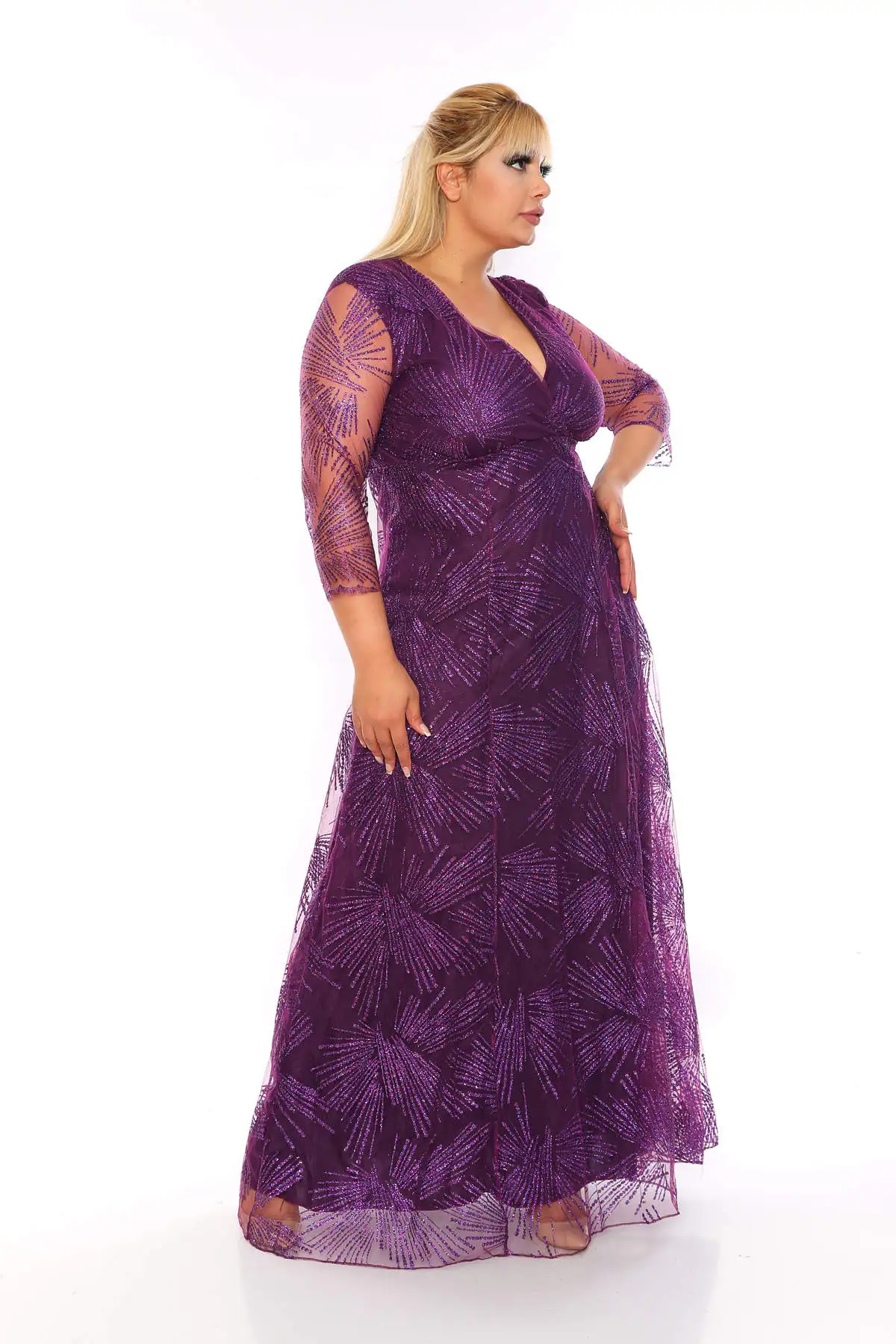 Большой размер Полный Sim деталь рукава Тюль длинное вечернее платье KL832