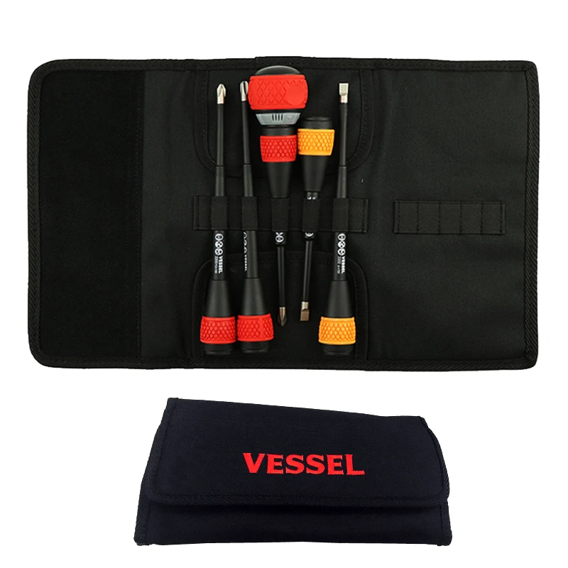 VESSEL 5pcs Ball Grip Ratchet Screwdriver Set with Tool Kit for Electrican PH2, PH3, SL6 No.2200B