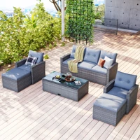 6Pcs All-Weather Wicker PE Rattan Patio Outdoor Dining Conversation Sectional Set W/Coffee Table Wicker Sofas Ottomans Cushions