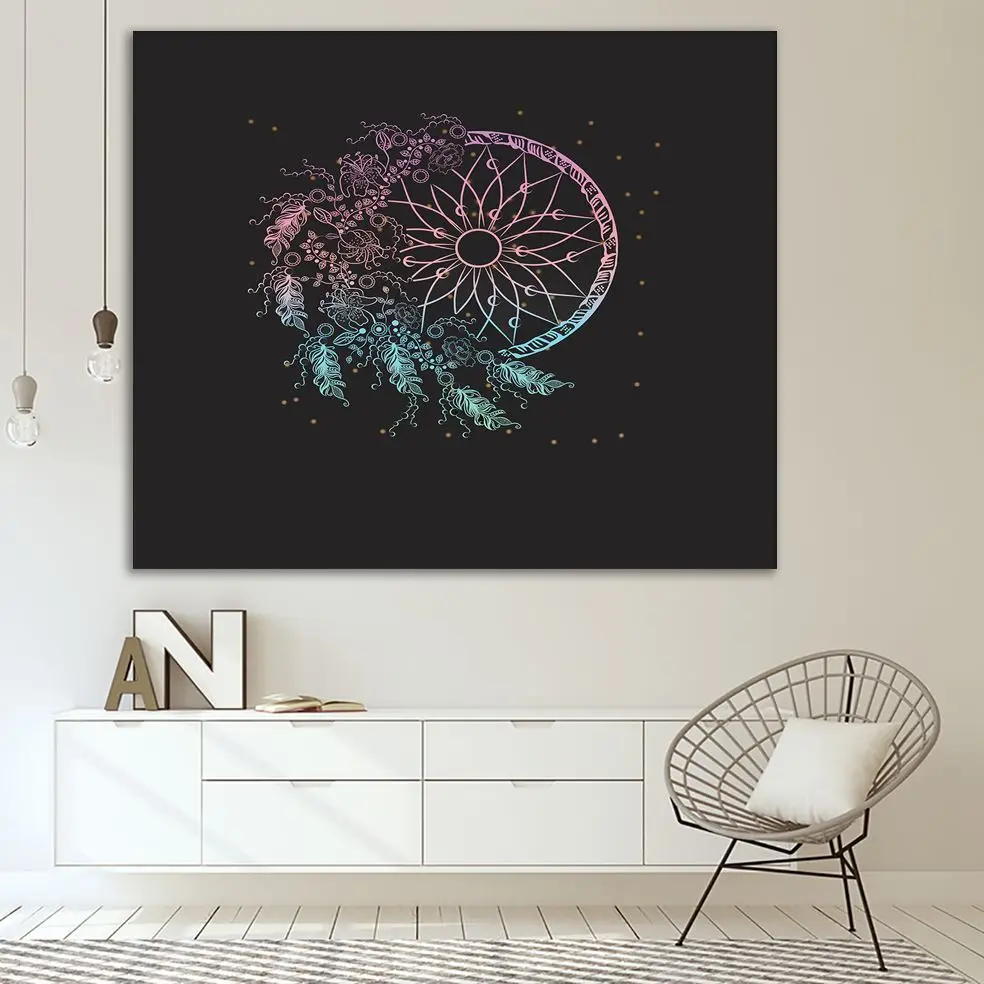 Гобелен Ловец снов перья цветы узор звездная ночь небо богемный стиль