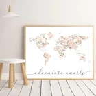 Плакат с изображением цветочной карты мира для девушек, декор для детской комнаты, принт с изображением карты мира, шампанского, румян
