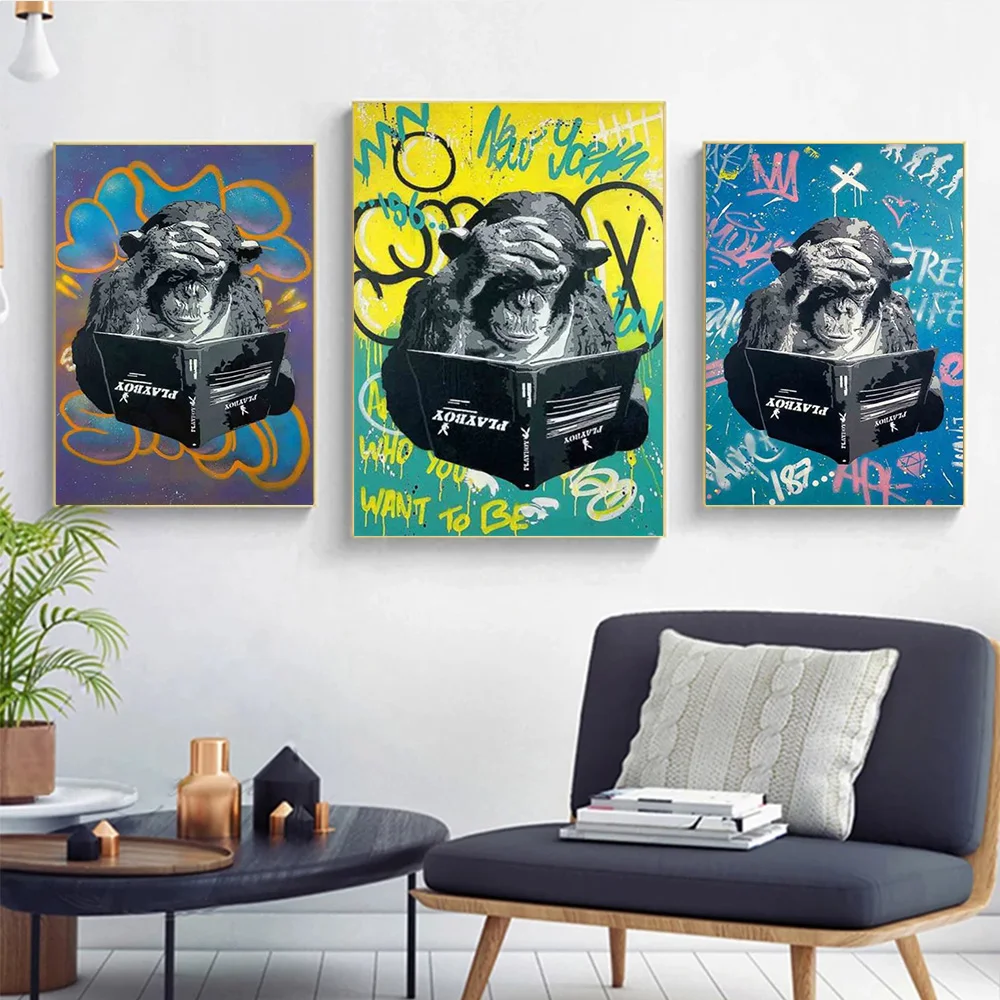 

Abstract Monkey Reading Book Canvas Painting Graffiti Poster and Print Animal Picture for Living Room Wall Art Home Decor