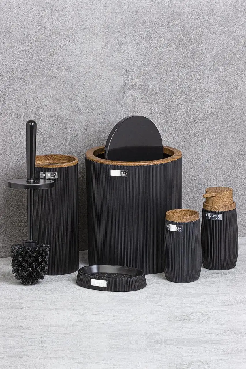 oceanland wooden striped round 5 piece bathroom set toilet brush dispenser dustbin hard plastic free global shipping