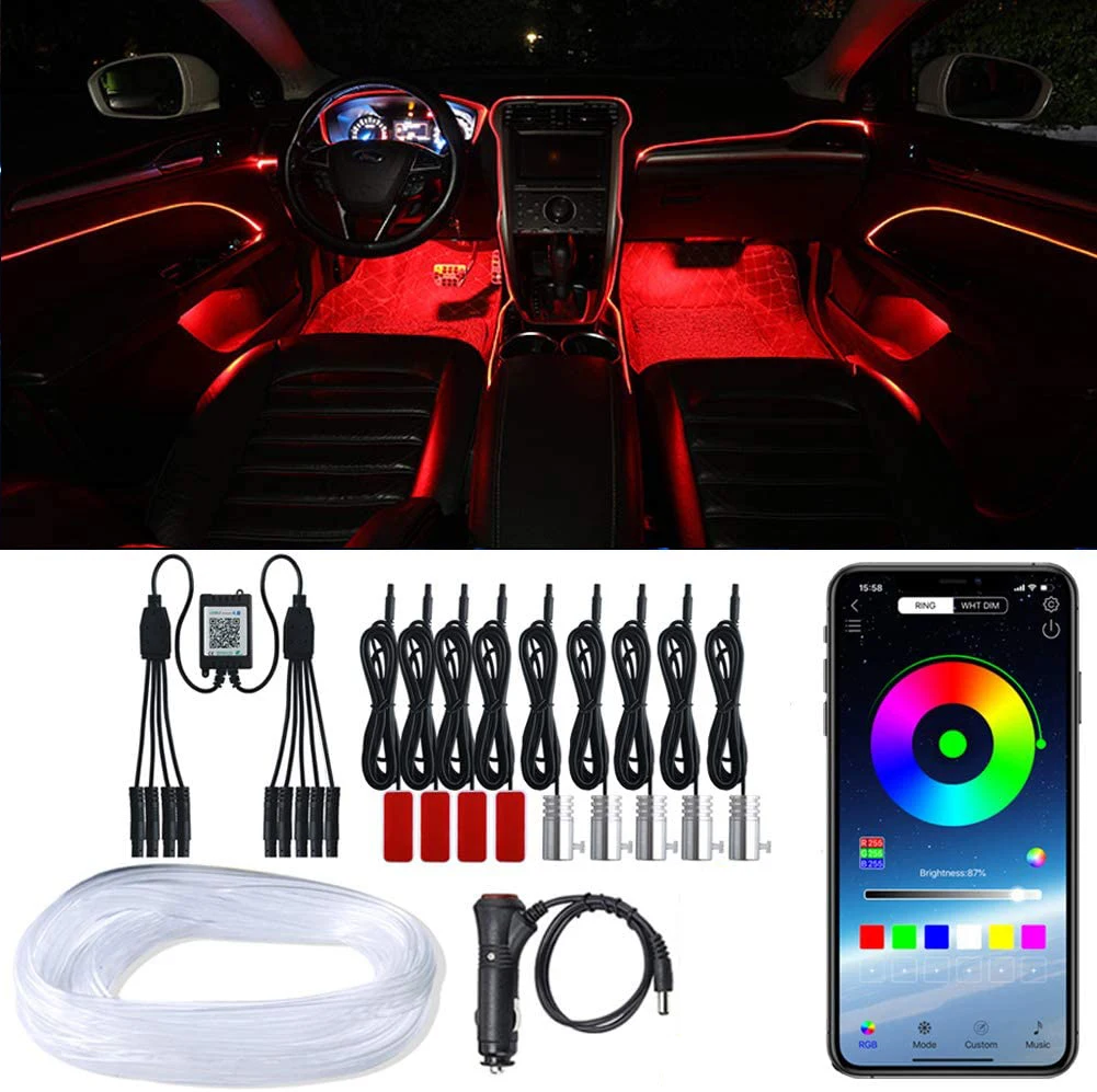 

Universal 10 in 1 RGB LED with 8M Car Interior Decor Fiber Optical Strip Light by App Control 12V Decorative Atmosphere Lamps