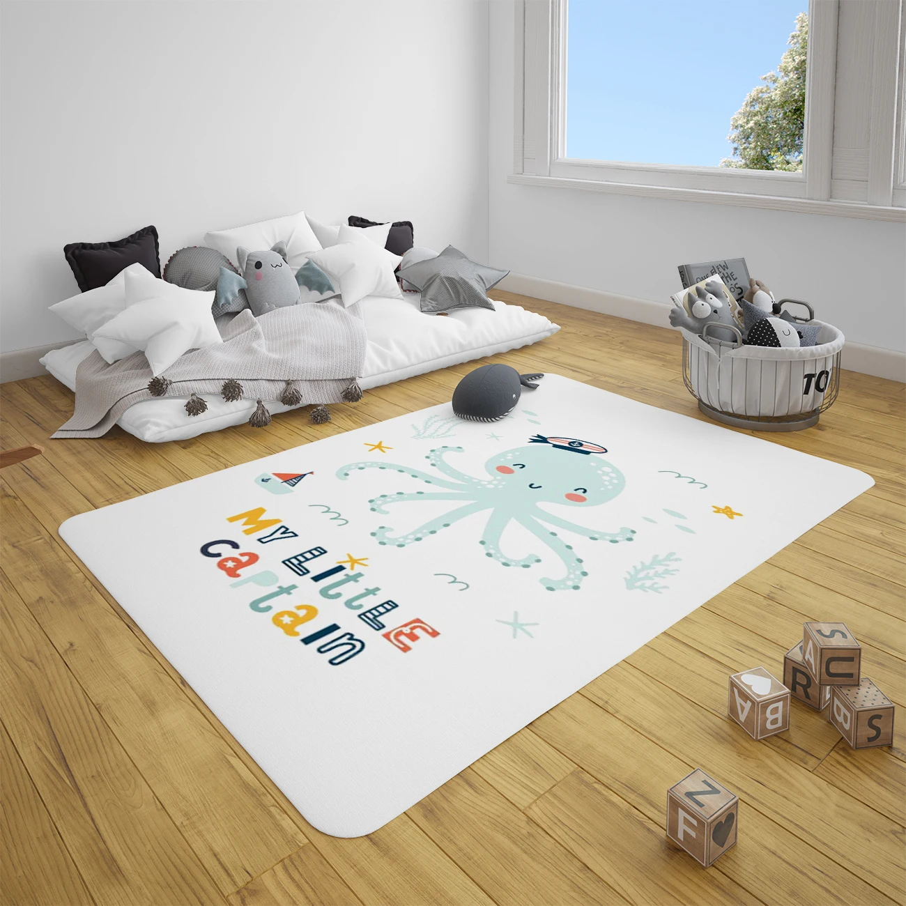 Carpet for Kids Room Non-Slip Floor Mat 2021 Decoration Rugs Durable White Little Captain Octopus Model 1411