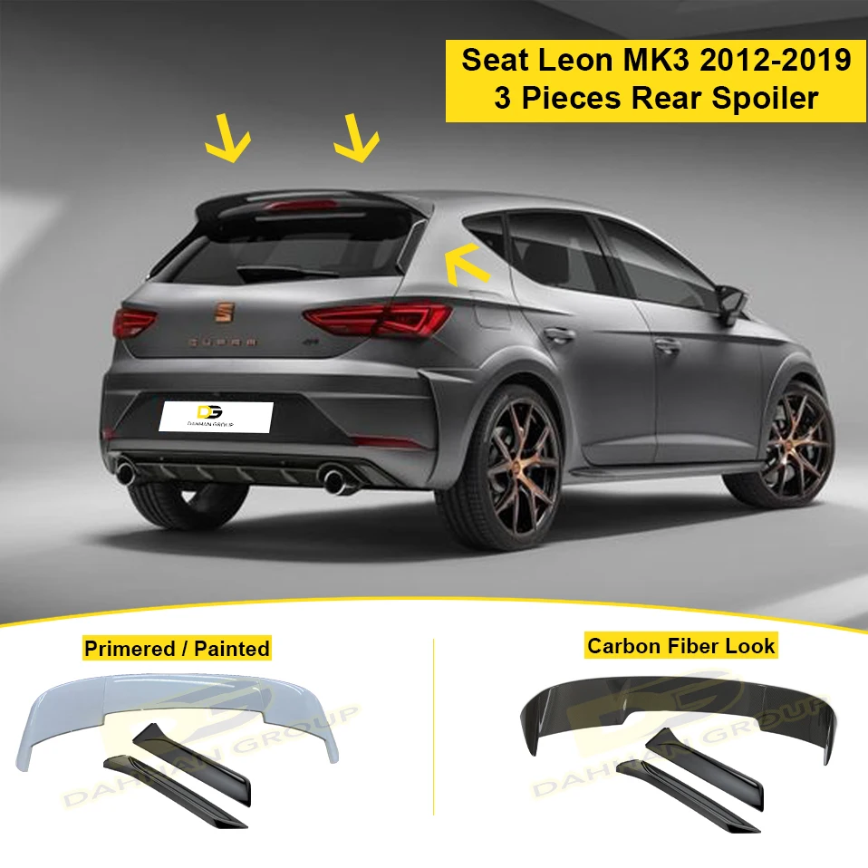 Seat Leon MK3 and MK3 Facelift 2012 - 2019 Cupra R Style 3 Pieces Rear Spoiler Carbon Fiber Look or Painted Surface Fiberglass