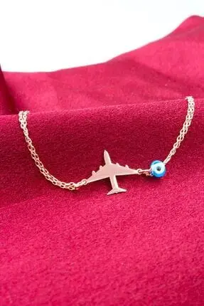 

%100 925 Sterling Silver Aircraft Necklace Real Silver Gift Evil Eye Beaded Rose Color Made in Turkey Turkish necklace