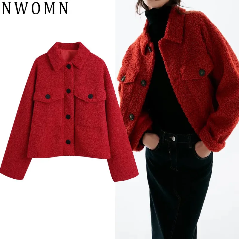 

NWOMN Za Winter Jacket Women Warm Lambswool Coats Woman Streetwear Red Parkas Jacket Female Fluffy Cropped Vintage Button Jacket