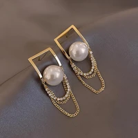 korean fashion pearl metal chain irregular drop earrings for women classic pearl zircon tassel earring girl exquisite jewelry