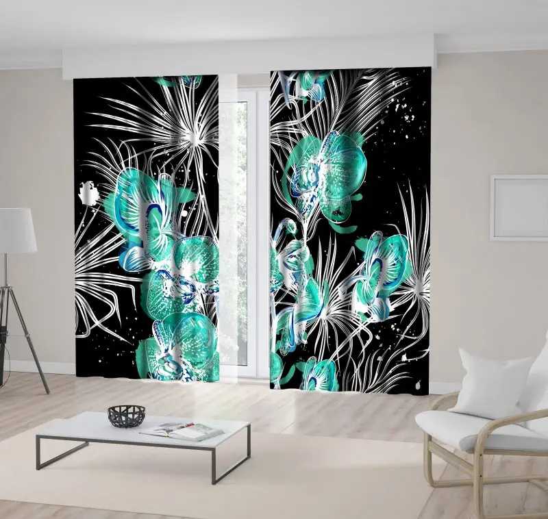 

Curtain Orchid Flowers and Tropical Palm Leaves Branches Watercolor Style Artwork Turquoise White Black