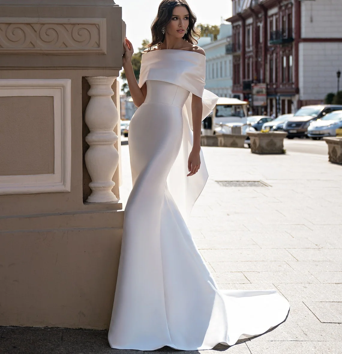 11755 # Простое атласное платье русалки цвета слоновой кости по индивидуальному