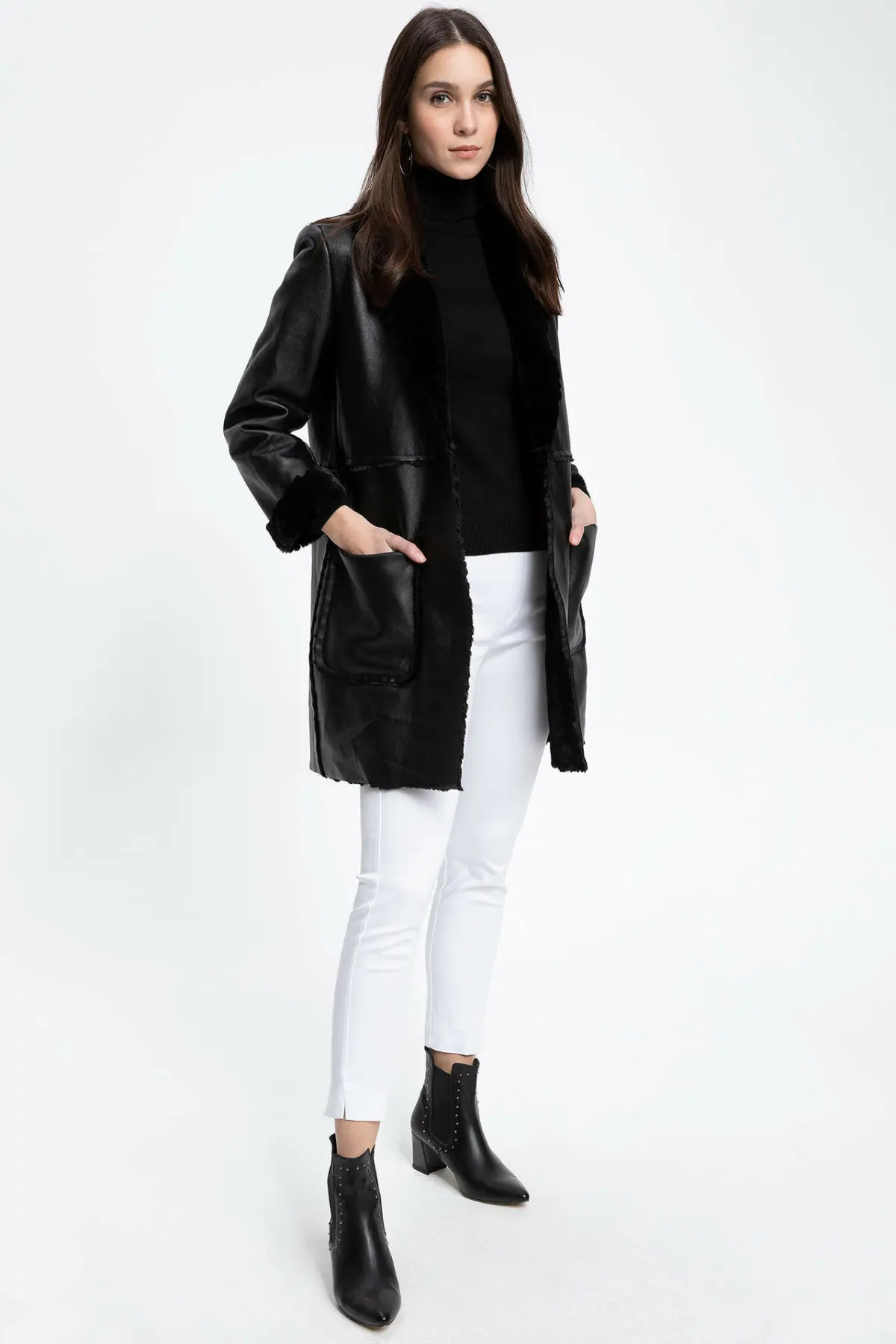 DeFacto Женская модная длинная куртка из искусственной кожи с воротником лацканами