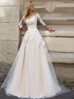 elegant boho wedding dress a line o neck three quarter appliques zippertea length bridal gown for women custom vestidos de noiva