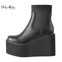 onlymaker round toe boots wedges high heel slip on martin boots ankle booties platform matte black big size