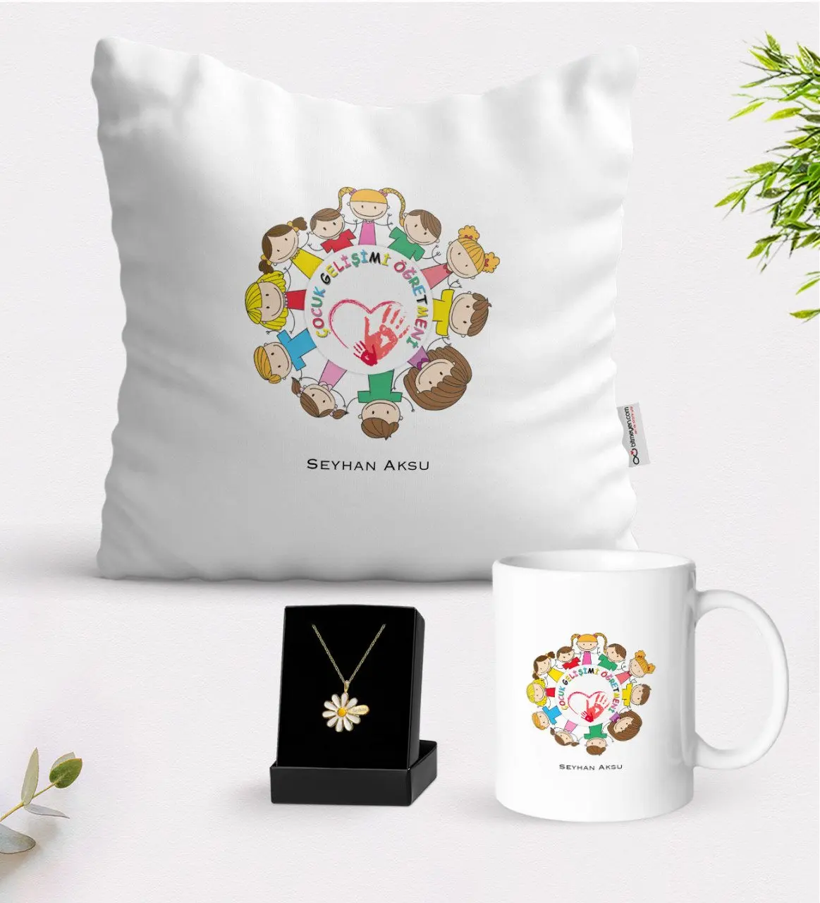 

Персонализированные развития ребенка учитель белая кружка Подушка и ожерелье Маргаритка подарок Seti-1