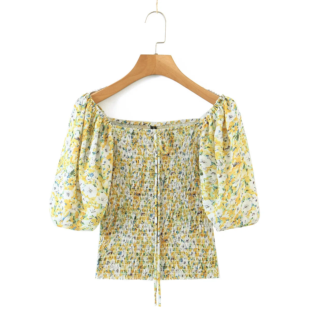 

Floral Print Puff Sleeve Off Shuolder T-Shirt Smocked Short Sleeve Drawstring Cute Crop Top Tee