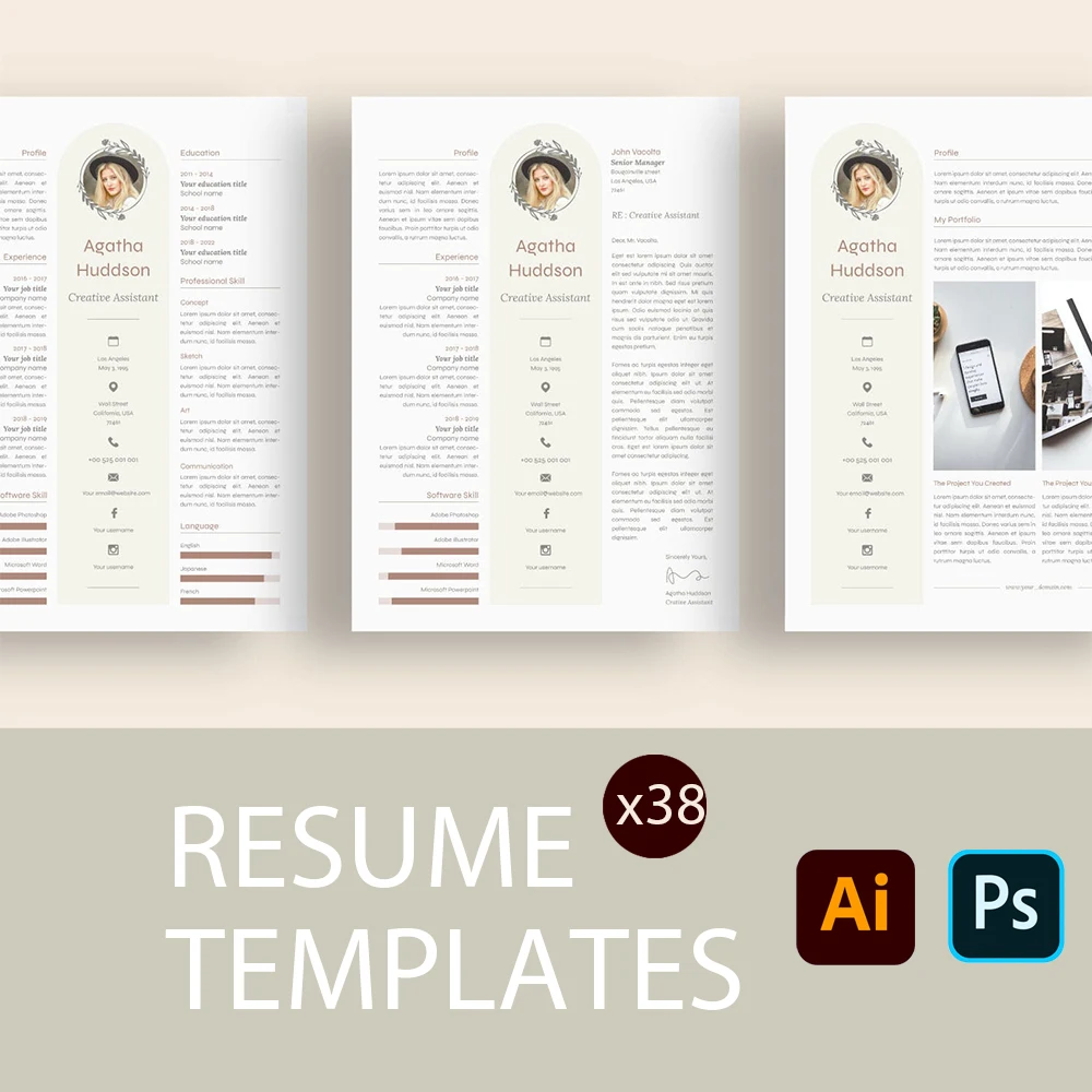 

38 Themes One Page Professional Clean Simple CV Resume Template AI Illustrator PSD Photoshop Templates