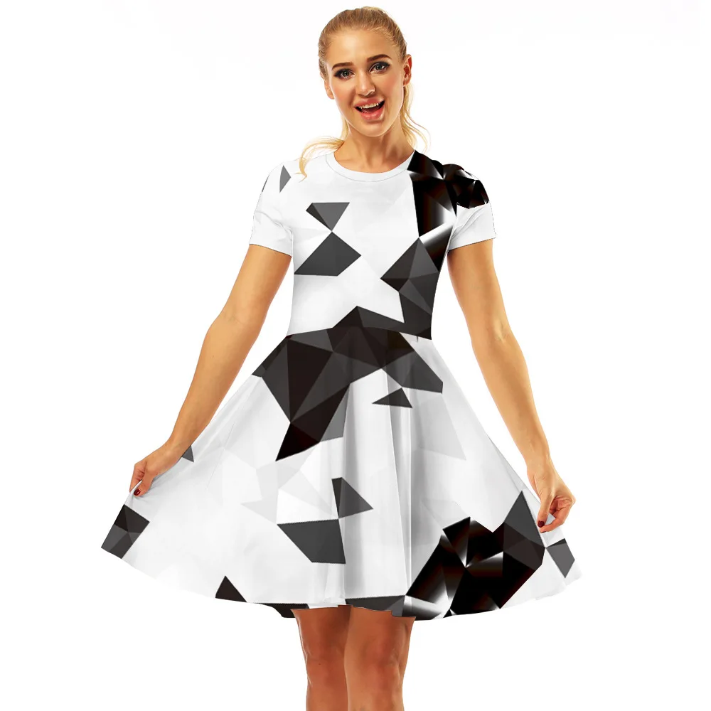 TMWEVN Digital Printed O-neck Pleated Dress Short Sleeve | Женская одежда