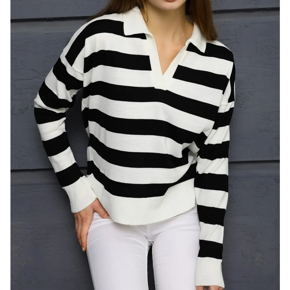 

Свитер с воротником-поло в полоску, вязаный трикотажный топ, осень