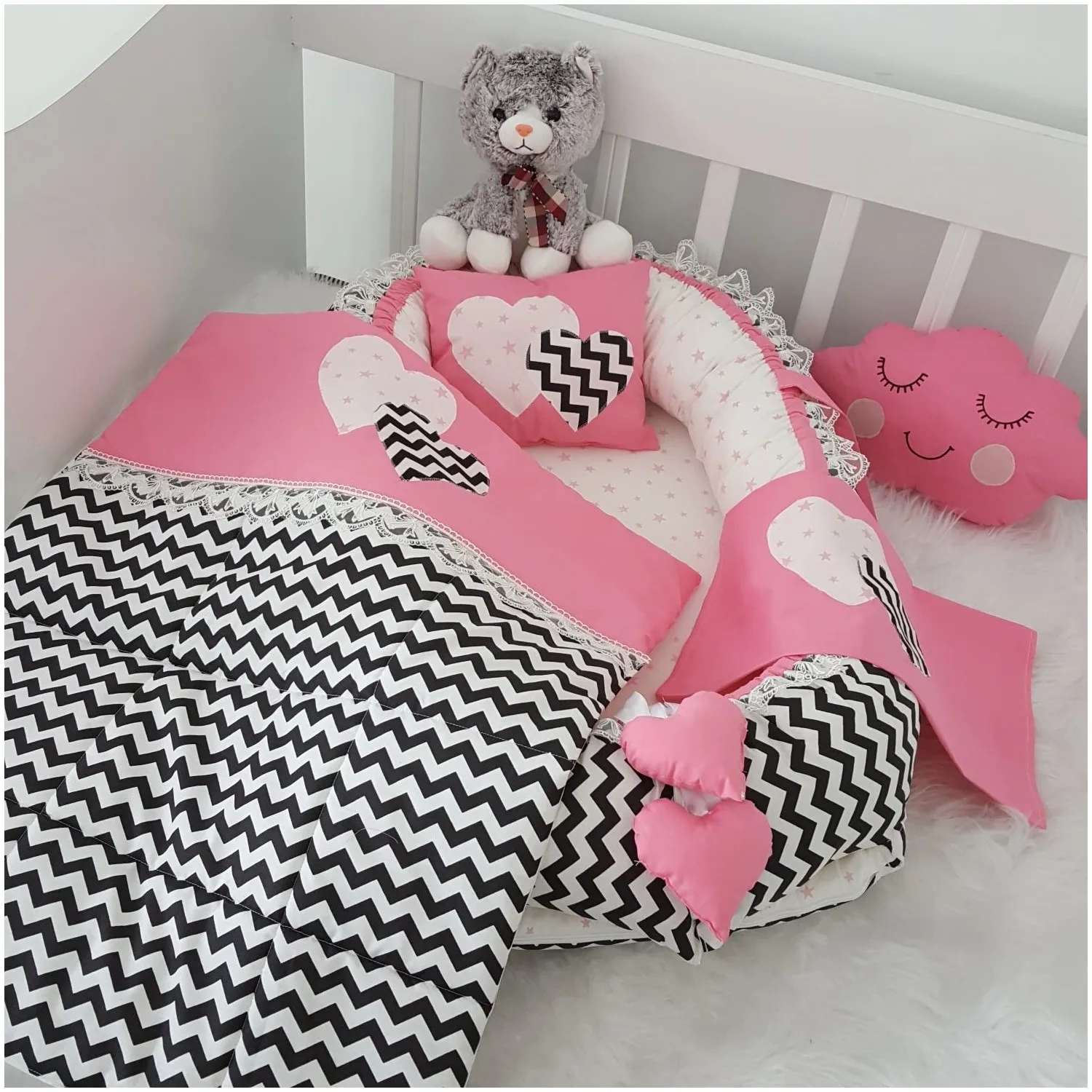 Jaju Baby Handmade Black Zigzag and Dark Pink Design Orthopedic Lux Babynest 5 Pieces Set Mother Side Portable Baby Bed