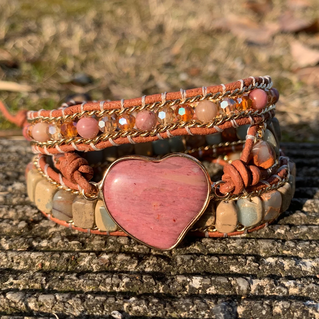 

Heart Shape Romantic Spiritual Chakra Leather Wrap Bracelets W/ Mix Stone 3 Strands Bracelet Classic Jewelry Bijoux Dropshipping