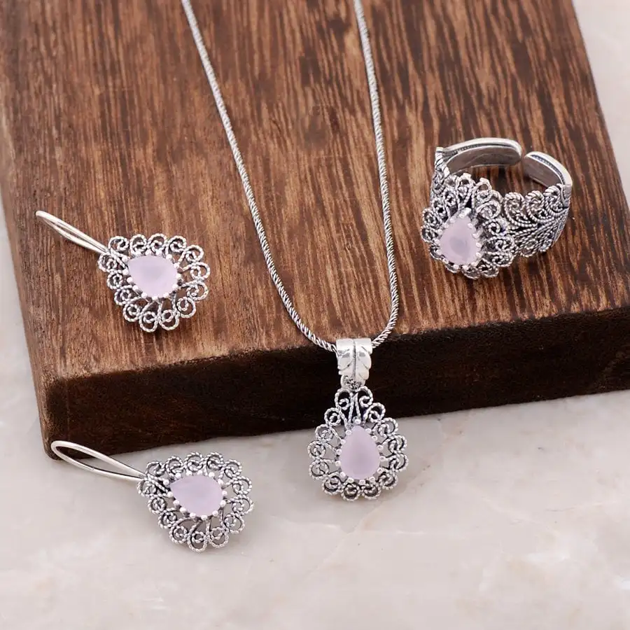 

Drop Design Filigree Embroidered Pink Quartz Stone Silver set 1886Hand Made Silver Jewellery Set