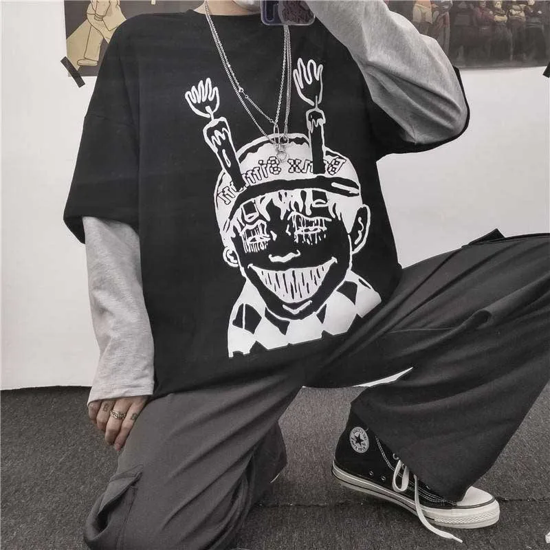NiceMix Harajuku футболка женская поддельная 2 шт. принт японский Fujiang Ужасы комиксы длинный рукав рубашка Женская Vetement Femme