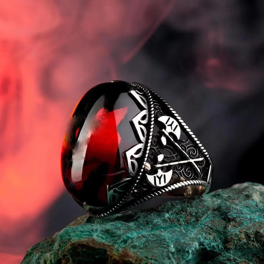 

Sterling Silver Mens Axe Ring with Red Stone Fashion Turkish Premium Quality Handmade Jawelery