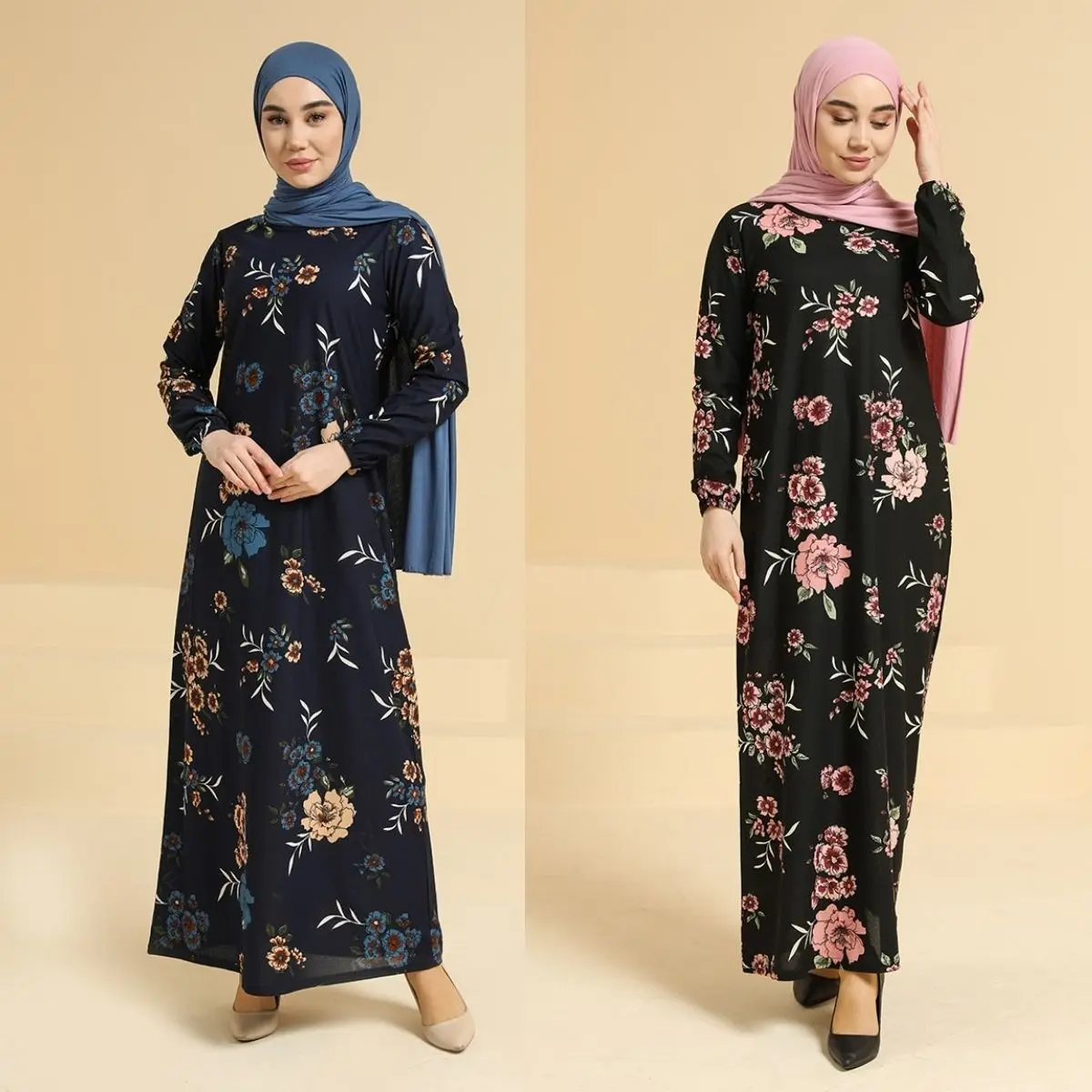 

Ramadan Eid Mubarak Muslim Women's Dress Patterned Floral Detail Long Elastic Sleeves Zero Collar Four Season Unlined Islamic