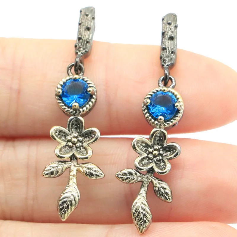 

54x15mm Neo-Gothic Vintage 3.8g Rhodolite Garnet Swiss Blue Topaz White Sapphire Women Black Gold Silver Earrings
