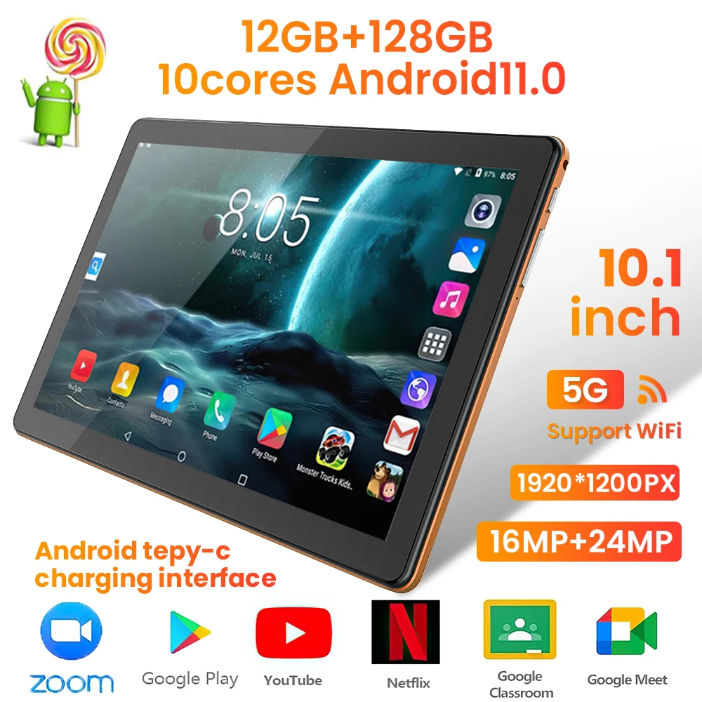 New 10.1 Inch Tablet PC 10 Core 5G Network Type-C Chargiing 12GB RAM 128GB ROM 1920*1200 Android 11 Tablets Wifi 15000mAh