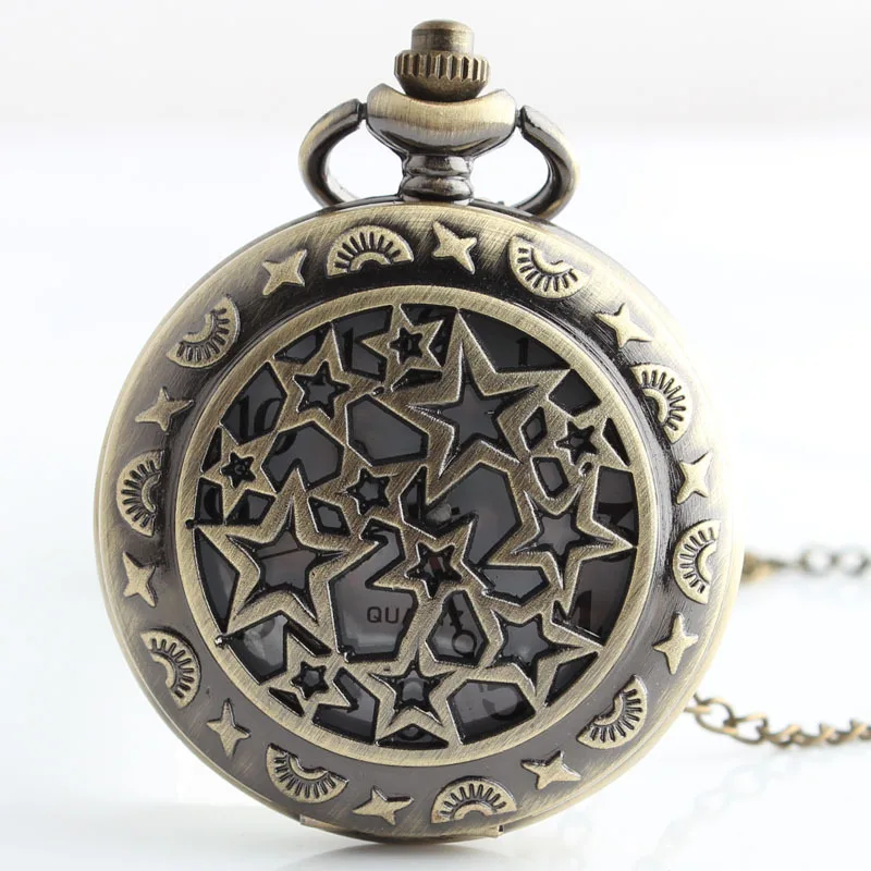 

Star Cutout Flap Quartz Pocket Watch Fob Chain Antique Bronze Steampunk Necklace Pendant Clock Souvenir Gift