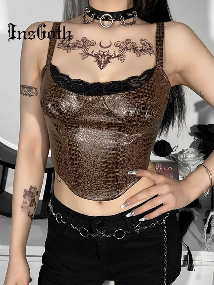 

InsGoth Gothic Faux Fur PU Leather Camis Harajuku Punk Eyelet Lace Up Backless Camisoles Punk Crocodile Pattern Lady Summer Tops