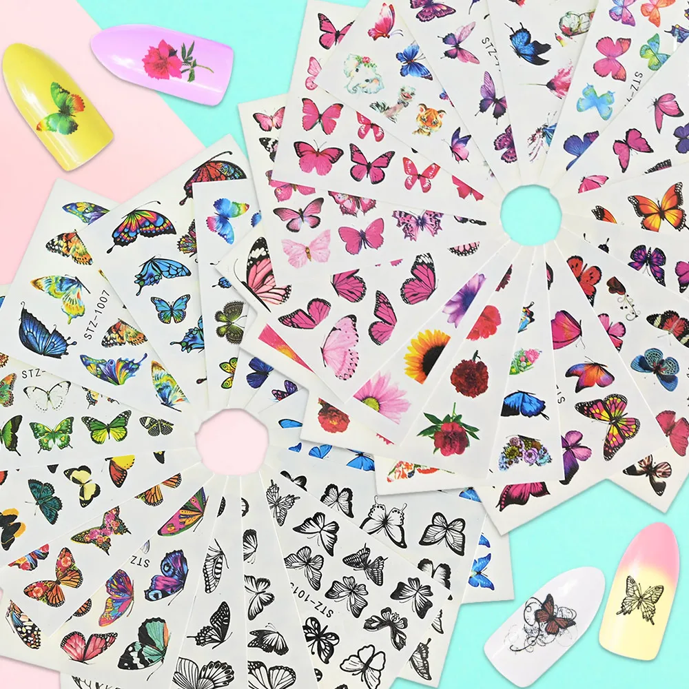 

30Pcs/Set Colorful Butterfly Nail Art Water Sticker DIY Black Simple Pattern Transfer Decal Flower Manicure Slider Decorations