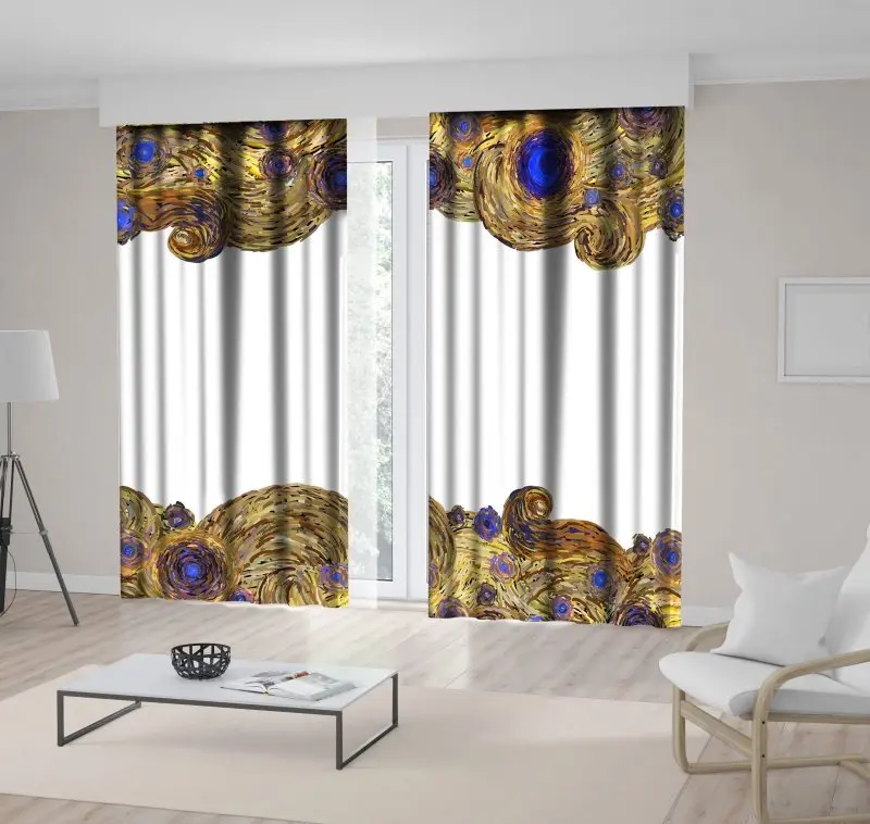 

Curtain Waves Clouds Vintage Van Gogh Impressionist Painting Style Artwork Printed Blue Yellow White