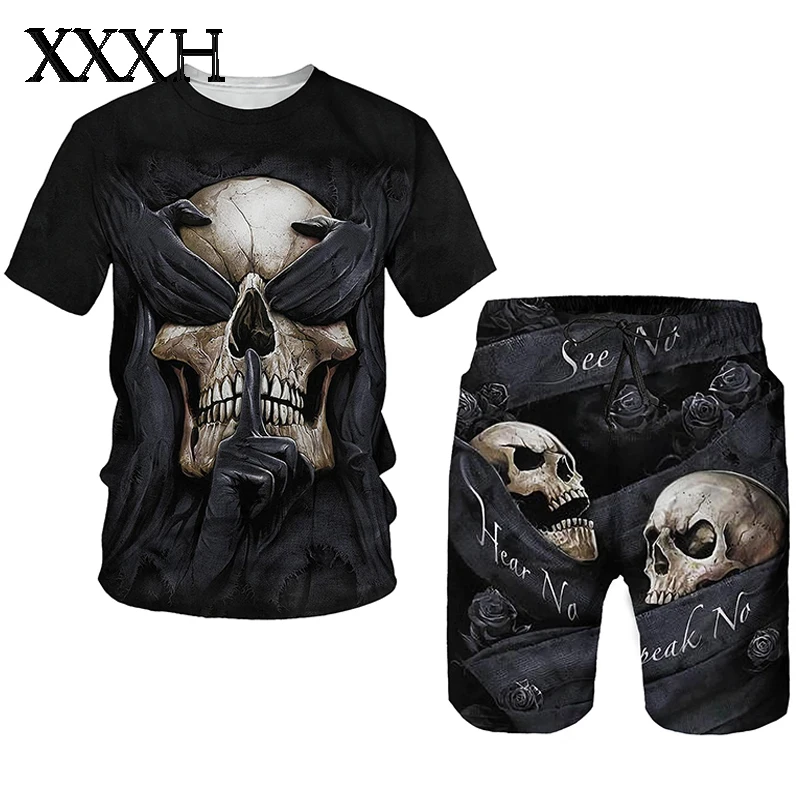 

Костюм спортивный XXXH мужской с 3D-принтом черепа, черный пуловер в стиле хип-хоп, футболка, уличная одежда, свитшот, топ, на лето