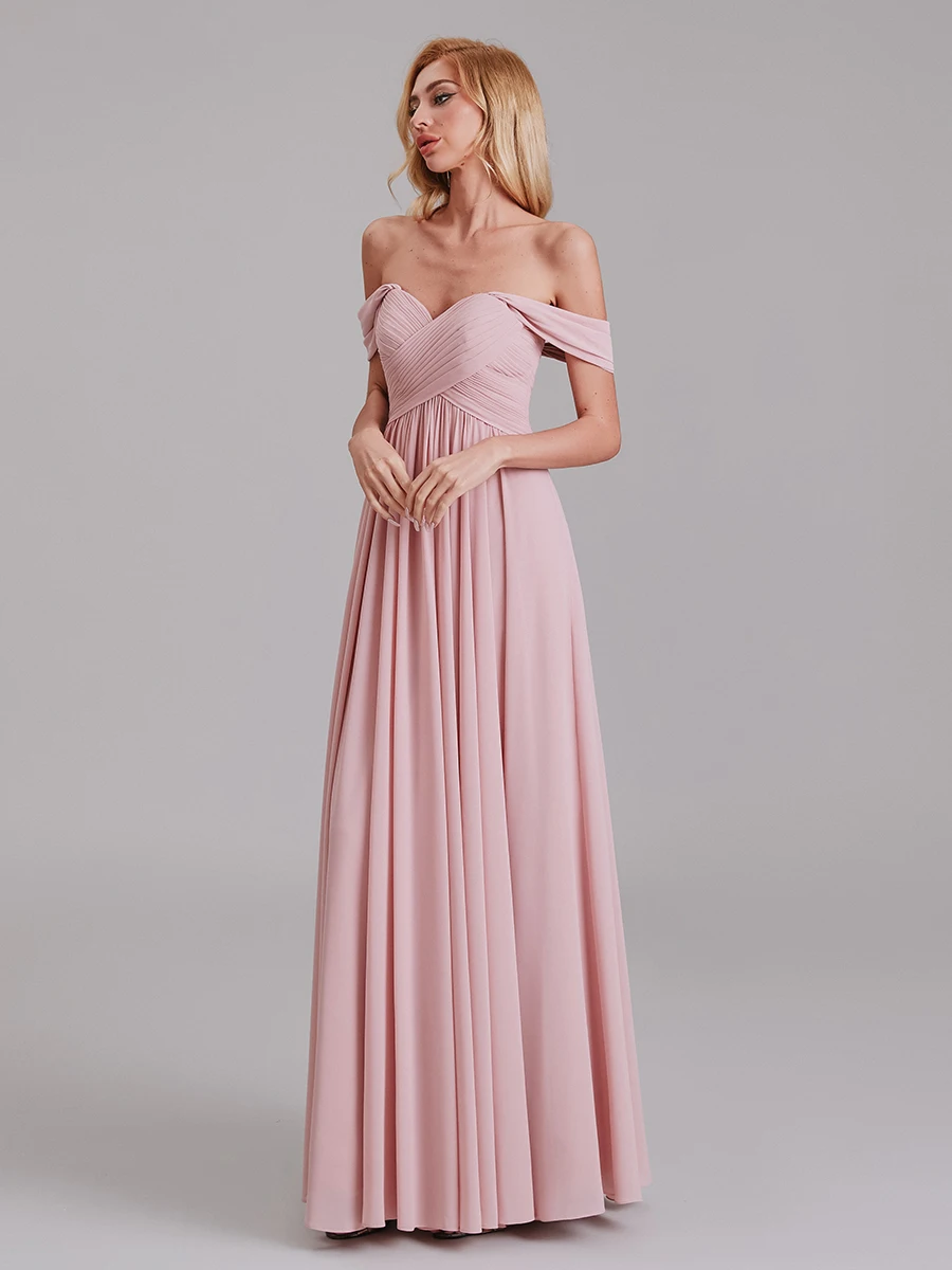 

Loyeloy Pink Custom Chiffon A Line Bridesmaid Dresses Off-Shoulder Pleated Zipper Back Women Prom Dress Long Party Gowns