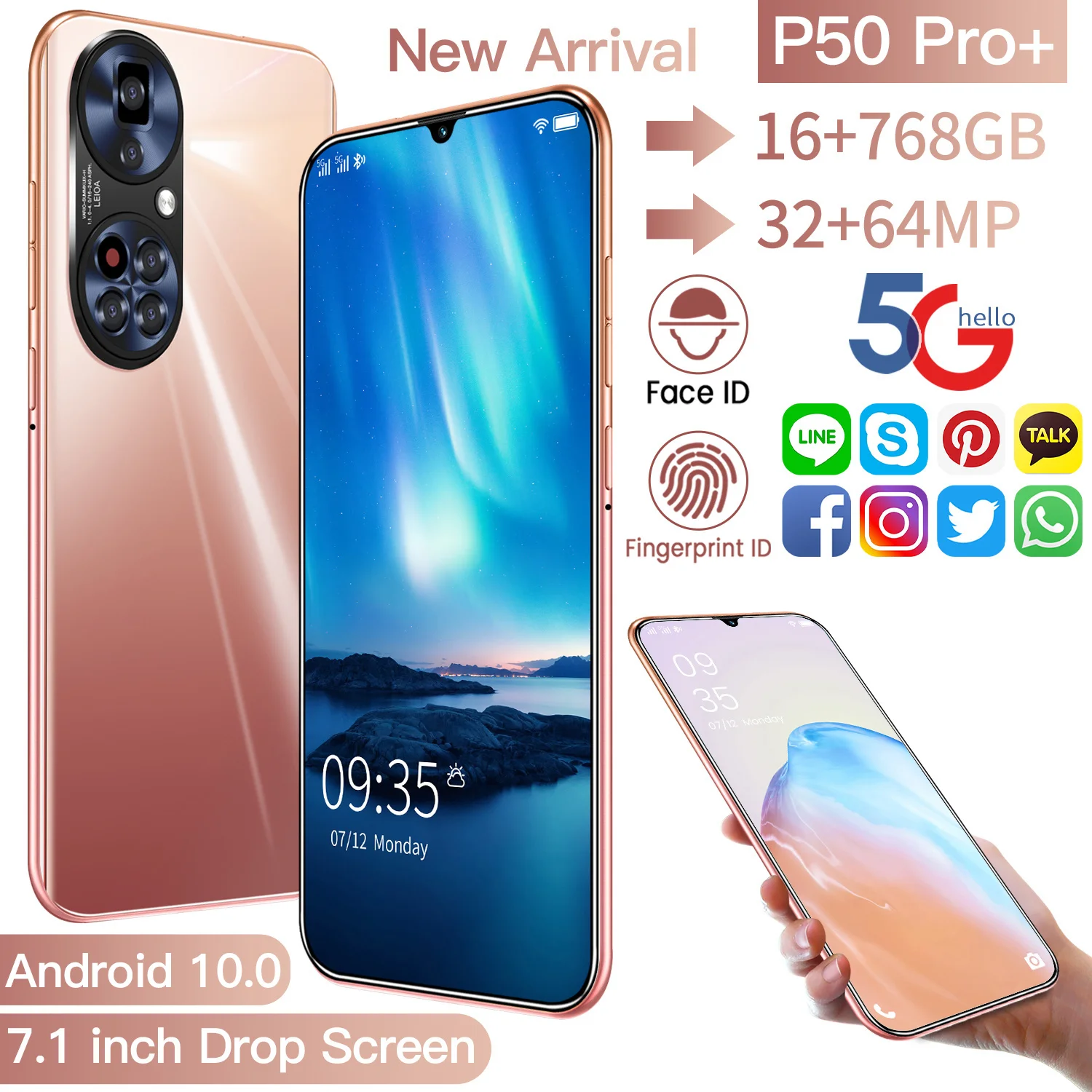 

Global Versio Smart Phone P50 Pro 16 GB RAM 768GB ROM 7.1 Inch Perforated HD Screen Smartphone Android 11 Unlocked Cell Phone S
