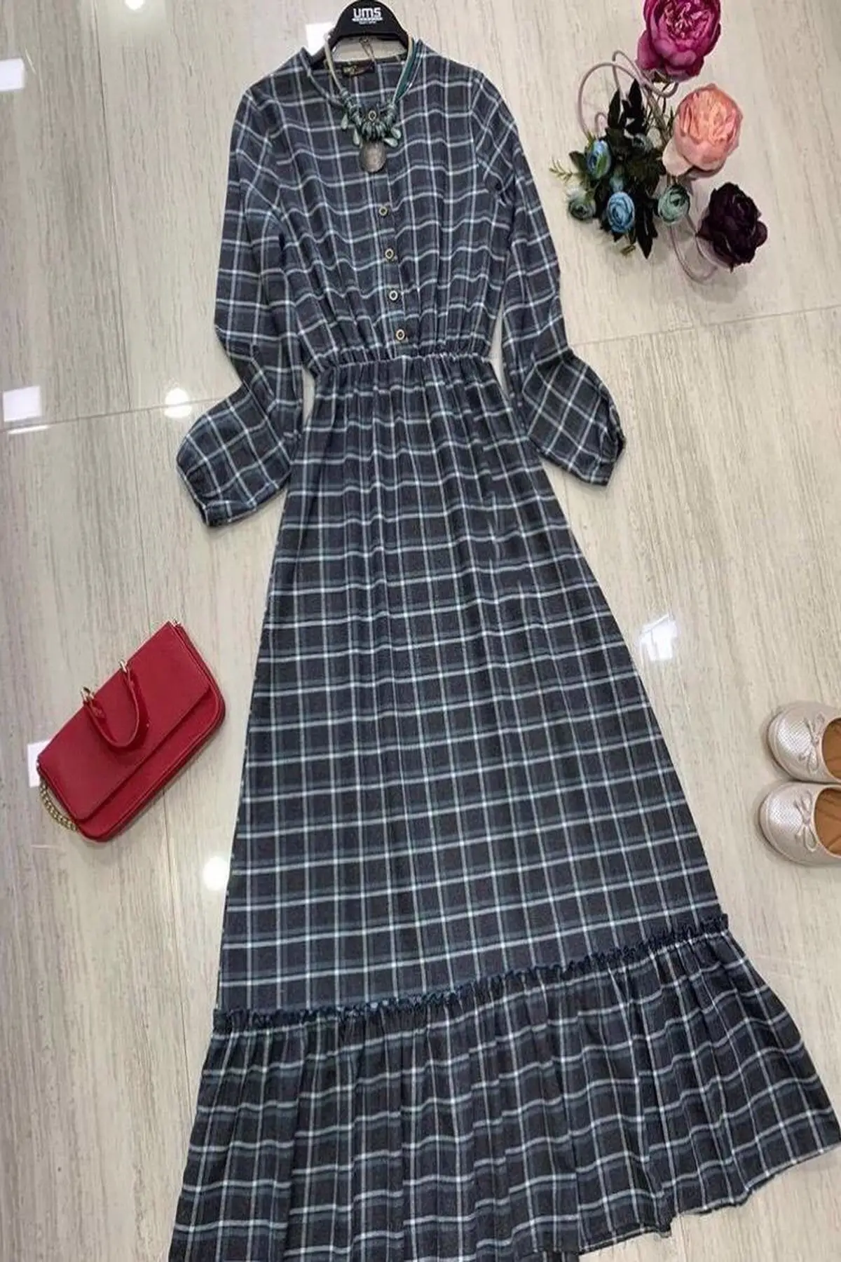 

Women Long Sleeve Check Dress Loose Abaya Muslim Dubai Dresses Kaftan Baggy Maxi Dress Tiered Sarafans Muslim Fashion Vestidos