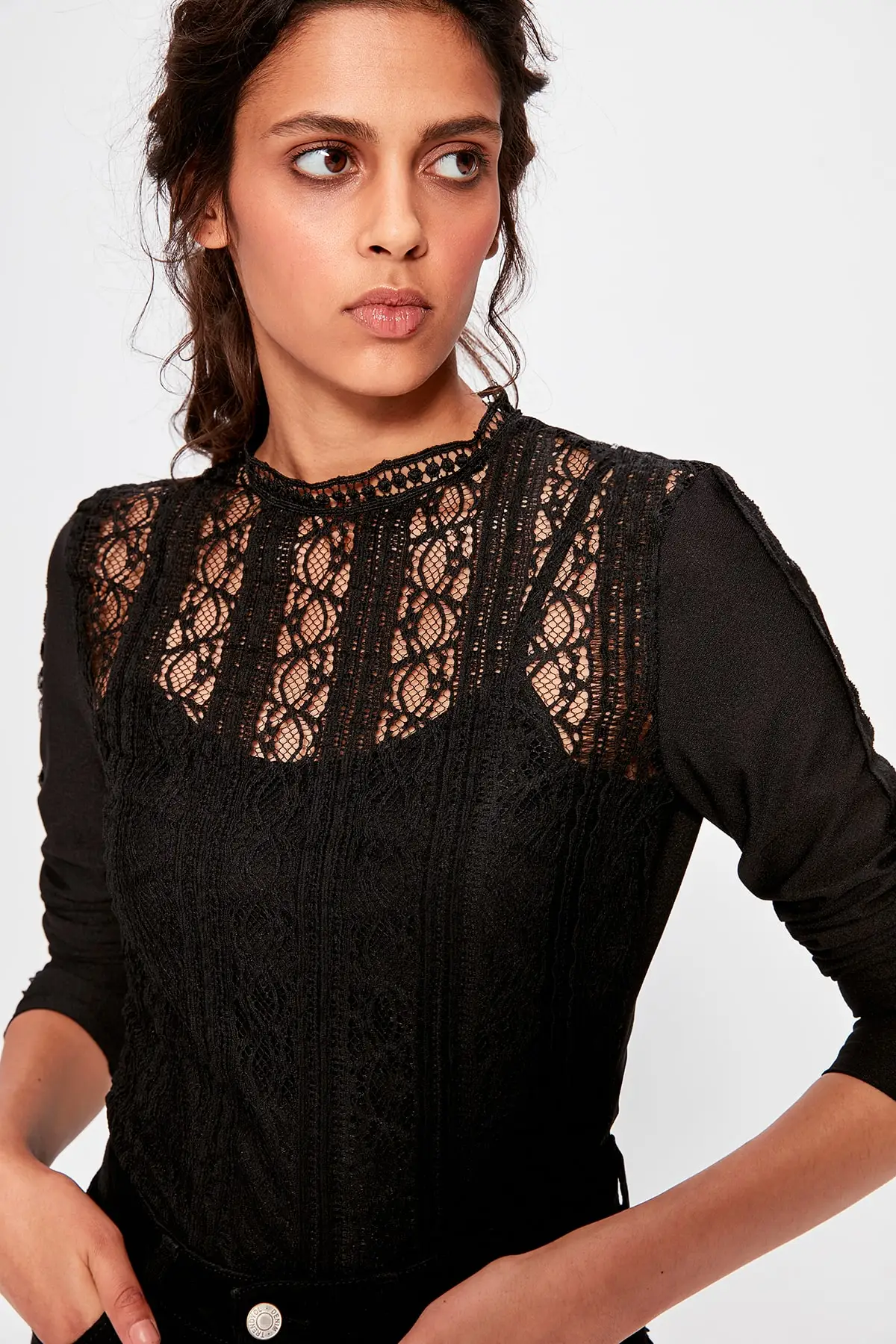 Черная трикотажная блузка с рюшами TWOAW20BZ0334|Блузки| |