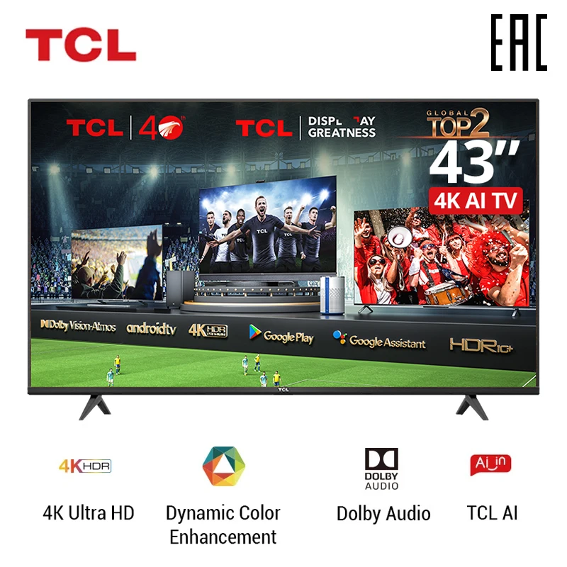 TCL 43inch Smart TV 43p615 4K Ultra HD LED Television Android P WIFI 2.4G Bluetooth 5.0 телевизор 43 дюймаТелевизоры |