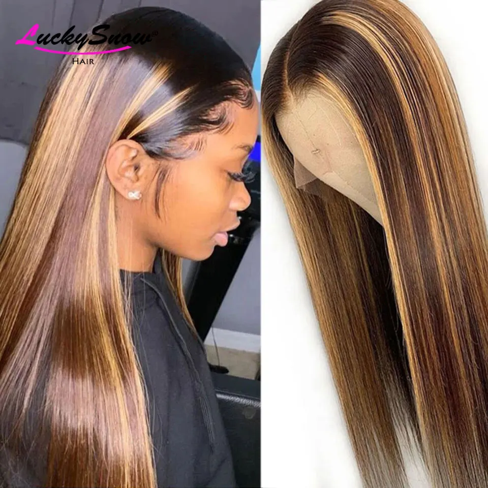 

Highlight 13x4 Lace Front Human Hair Wigs For Women Pre Plucked Brazilian Remy Ombre Honey Blonde Straight Transparent Lace Wigs