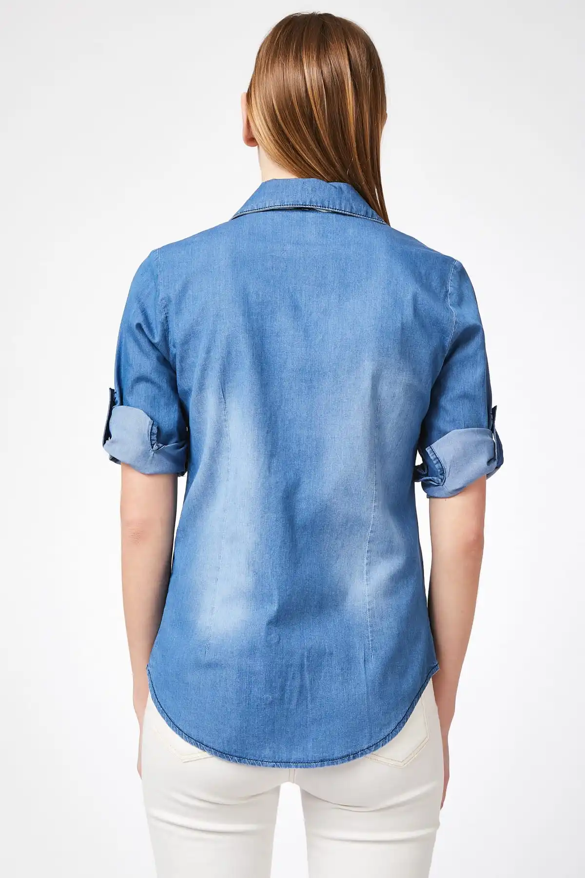Happiness ist. Women's Blue Self-Scarf Jean Shirt 3642 DD00001 |