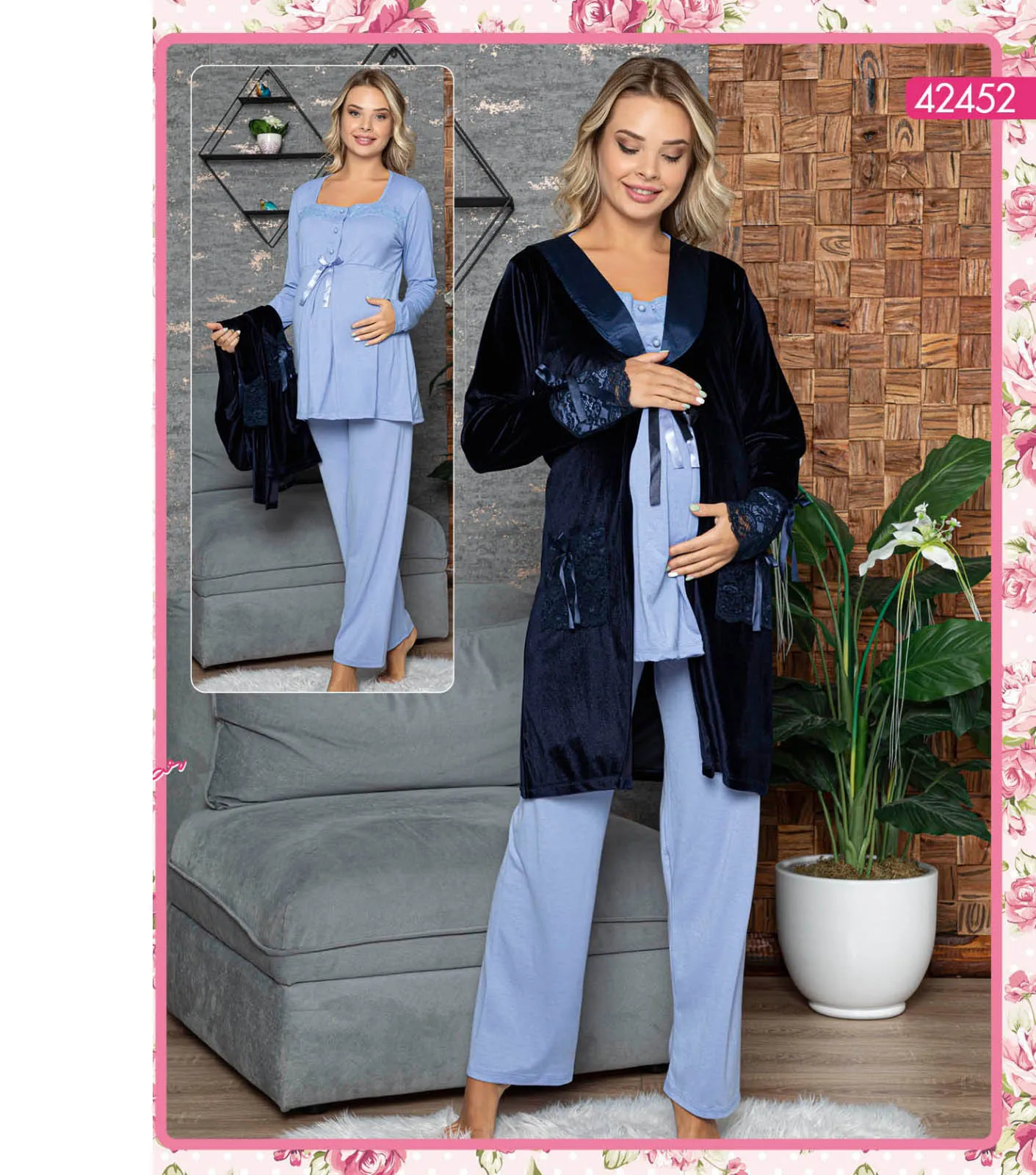 Women Pregnancy Cotton Nightgown Velvet Dressing Gown Pajamas Set 3 Piece Long Sleeve Lace Side Pockets Comfortable Wearable at enlarge