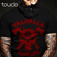 awesome skull valhalla awaits men t shirt cotton