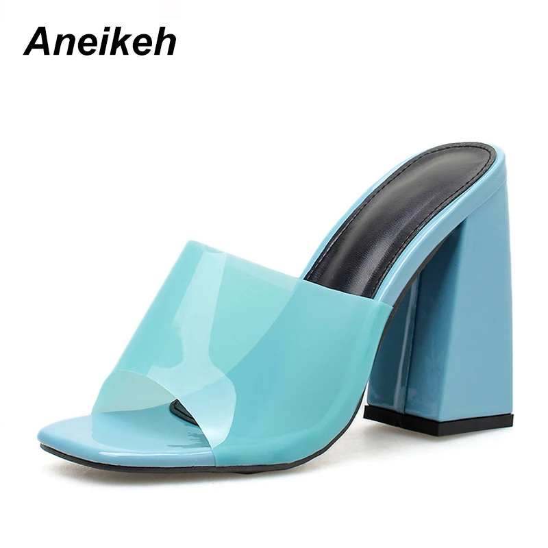 Blue Aneikeh/Новинка, модный, из ПВХ, прозрачный шлёпанцы для женщин туфли на высоком каблуке с открытым носком на очень высоком Для женщин на высоком каблуке с украшением в виде кристаллов; Для женщин; прозрачные тапочки 42 - Цвет: Blue