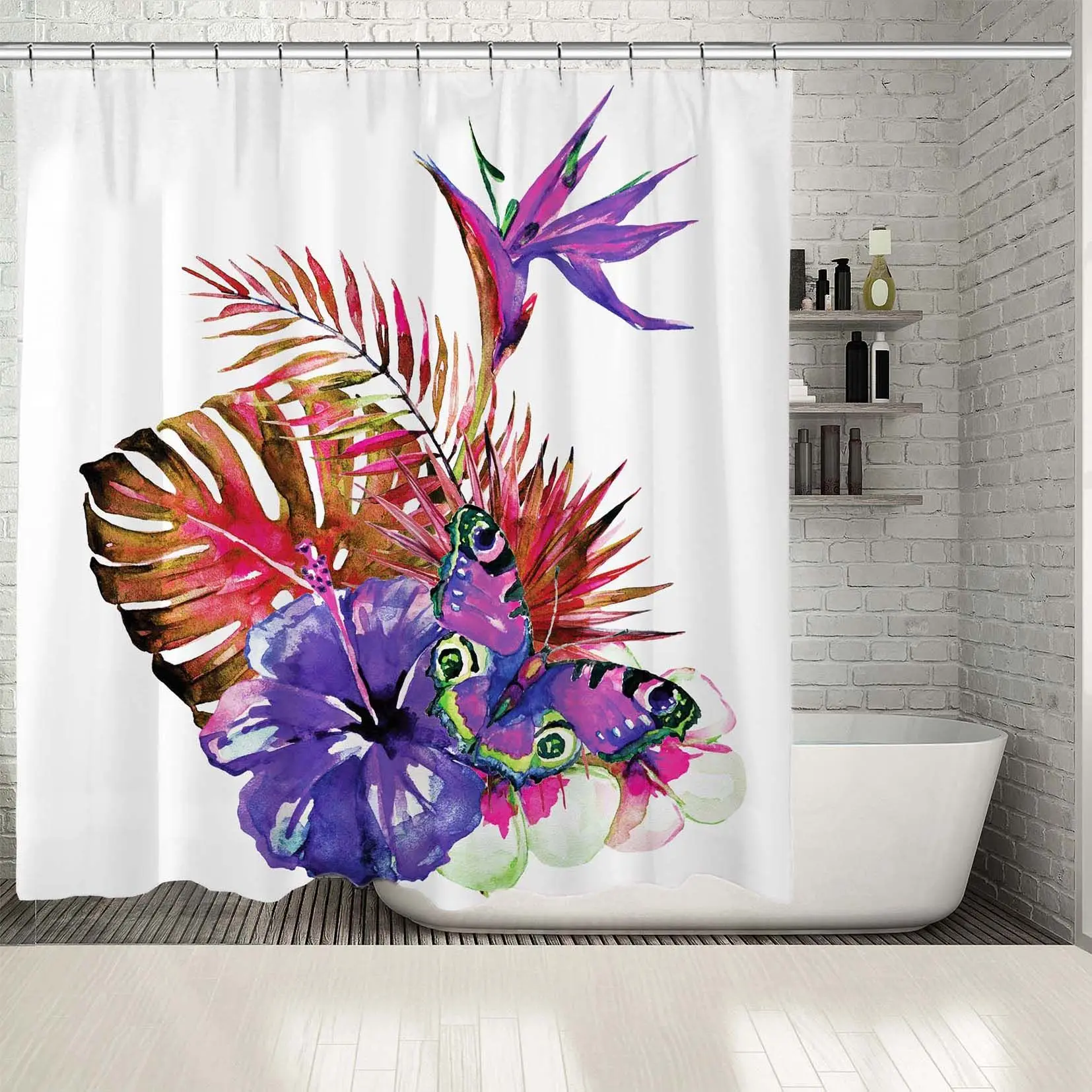 Занавеска для душа тропические пальмовые листья и цветы классический